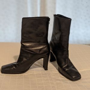 Navy women's high ankle boots chunky heel